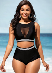 Modlily High Waisted Black Mesh Stitching Bikini Set - XL