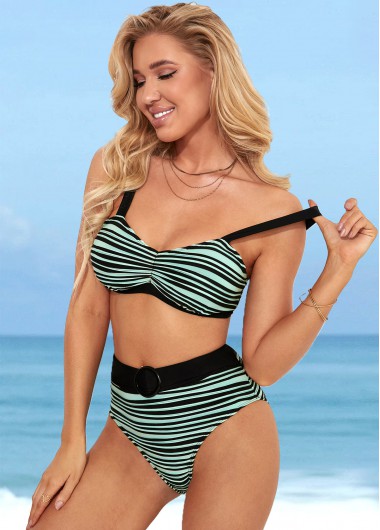 Modlily High Waisted Color Block Striped Bikini Set - M