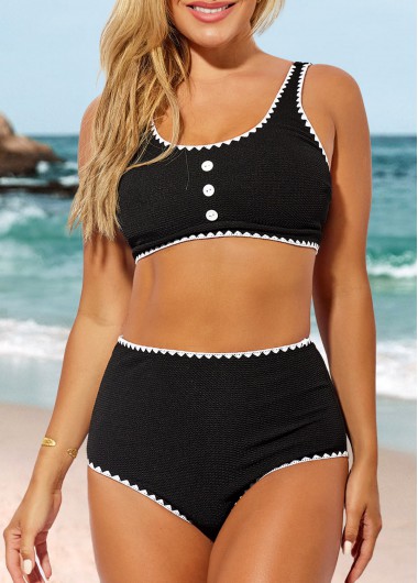 Modlily High Waisted Decorative Button Black Bikini Set - S