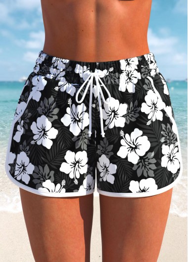 Modlily High Waisted Floral Print Black Swim Shorts - S