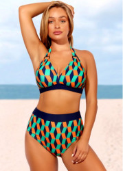 Modlily High Waisted Geometric Print Color Block Bikini Set - M