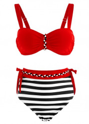 Modlily High Waisted Stripe Print Color Block Bikini Set - S