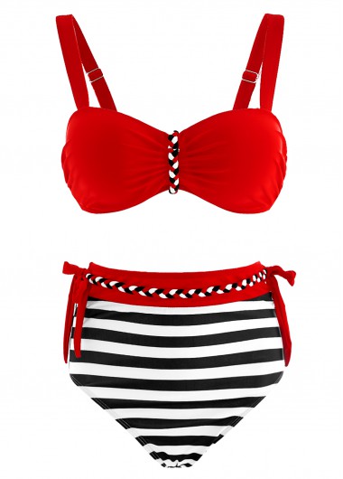 Modlily High Waisted Stripe Print Color Block Bikini Set - XL