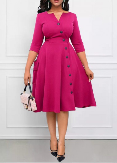 Modlily Hot Pink Breathable Three Quarter Length Sleeve Dress - XXL