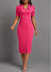 Modlily Hot Pink Button Short Sleeve Bodycon Dress - M