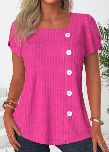 Modlily Hot Pink Button Short Sleeve Square Neck T Shirt - S