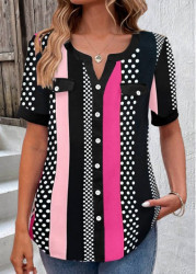 Modlily Hot Pink Button Striped Short Sleeve Blouse - M