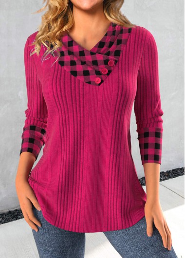 Modlily Hot Pink Patchwork Plaid Long Sleeve Sweatshirt - M