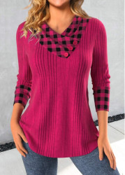 Modlily Hot Pink Patchwork Plaid Long Sleeve Sweatshirt - M