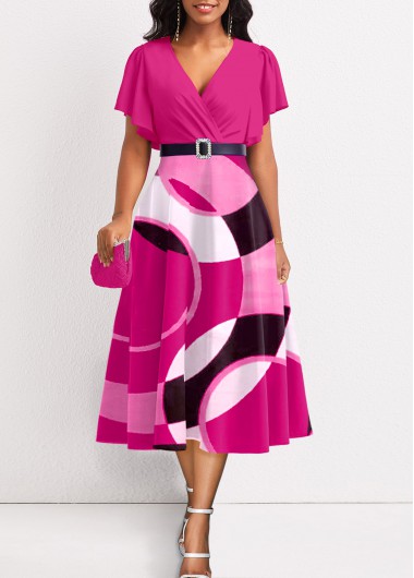 Modlily Hot Pink Umbrella Hem Geometric Print Dress - L