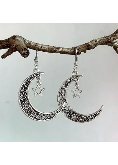 Modlily Iron Detail Silver Moon Design Earrings - One Size