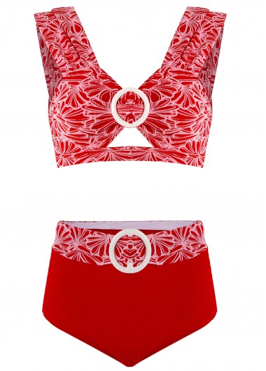 Modlily Jacquard Floral Print Red Bikini Set - S