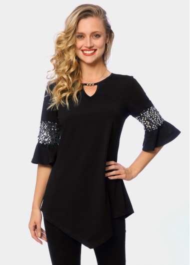 Modlily Keyhole Neckline Asymmetric Hem Sequin T Shirt - S