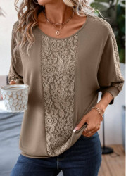 Modlily Lace Light Coffee Patchwork T Shirt - L