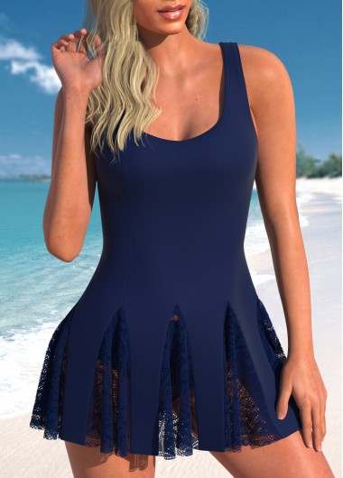 Modlily Lace Navy Wide Strap One Piece Swimwear - S