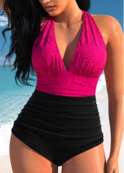 Modlily Lace Patchwork Hot Pink One Piece Swimwear - S