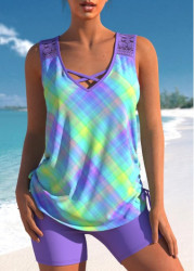 Modlily Lace Patchwork Light Purple Ombre Plaid Tankini Set - L