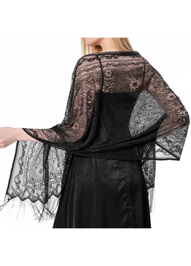 Modlily Lace Patchwork Tassel Design Black Shawl - One Size