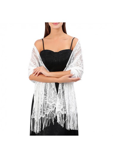 Modlily Lace Patchwork Tassel Design White Shawl - One Size