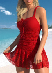 Modlily Lace Ruched Red One Piece Swimwear - M