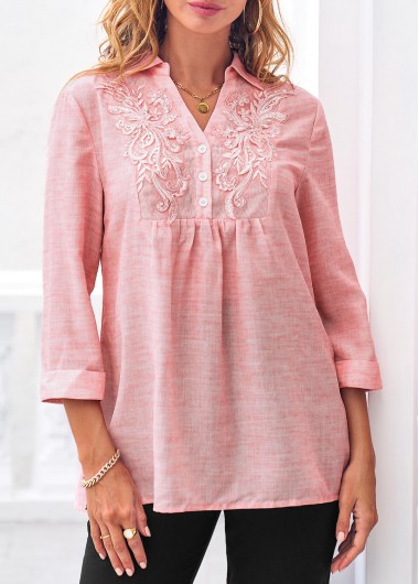 Modlily Lace Stitching 3/4 Sleeve Pink Blouse - S