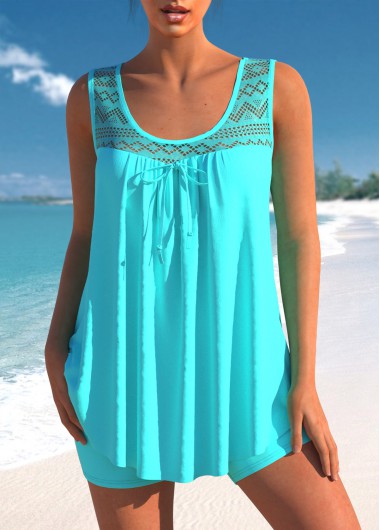 Modlily Lace Stitching Cyan Bowknot Tankini Set - S