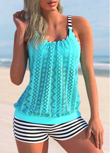 Modlily Lace Stitching Cyan Striped Tankini Set - L