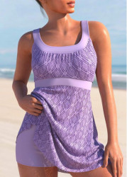 Modlily Lace Stitching Light Purple Swimdress and Shorts - S