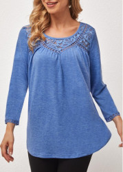 Modlily Lace Stitching Round Neck Blue T Shirt - S