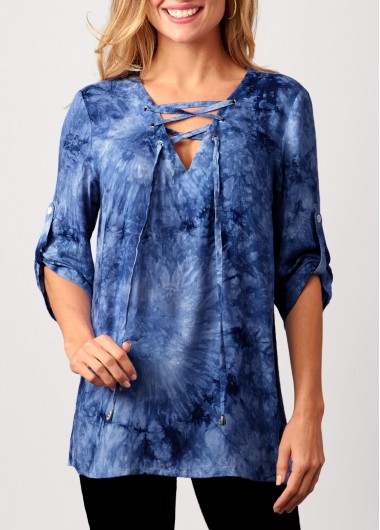 Modlily Lace Up Tie Dye Blue Blouse - S