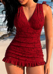 Modlily Lace Wine Red One Piece Swimdress - S