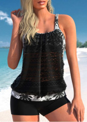 Modlily Leaf Print Black Lace Stitching Tankini Set - XXL