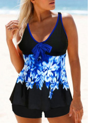 Modlily Leaf Print Bowknot Front Tankini Set - S