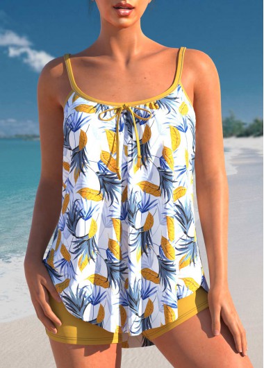 Modlily Leaf Print Bowknot Yellow Tankini Set - S