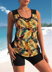 Modlily Leaf Print Cross Strap Black Tankini Set - S