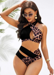 Modlily Leopard Cross Strap Contrast Bikini Set - XL