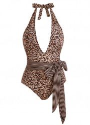 Modlily Leopard Print Halter Belted One Piece Swimwear - L