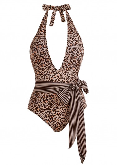 Modlily Leopard Print Halter Belted One Piece Swimwear - M