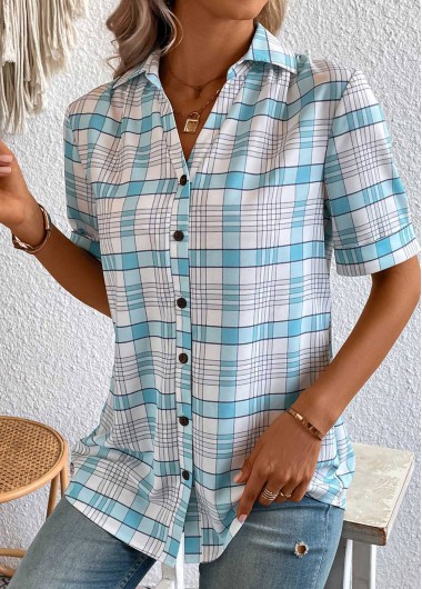 Modlily Light Blue Button Plaid Short Sleeve Blouse - S