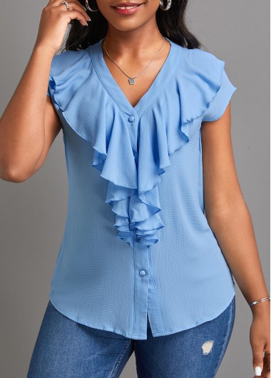 Modlily Light Blue Button Short Sleeve V Neck Blouse - M