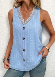 Modlily Light Blue Button Sleeveless V Neck Tank Top - S