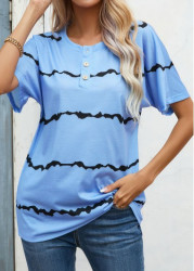 Modlily Light Blue Button Striped Short Sleeve T Shirt - S