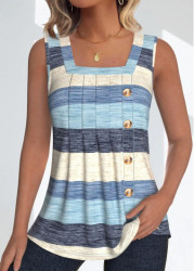 Modlily Light Blue Button Striped Sleeveless Square Neck Tank Top - S