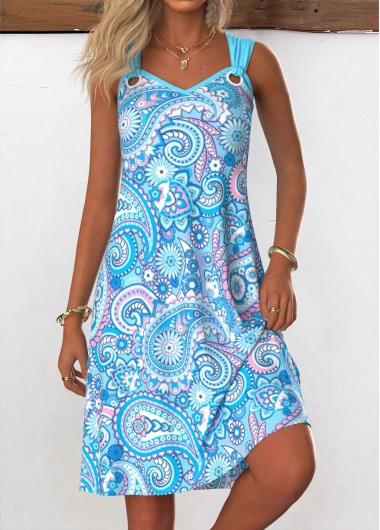 Modlily Light Blue Eyelet Tribal Print A Line Sleeveless Dress - S