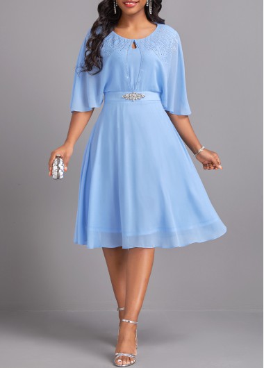 Modlily Light Blue Hot Drilling 3/4 Sleeve Round Neck Dress - M