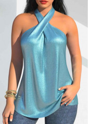 Modlily Light Blue Hot Stamping Sleeveless Halter Tank Top - XXL