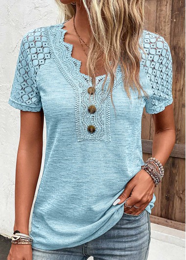 Modlily Light Blue Lace Short Sleeve V Neck T Shirt - S