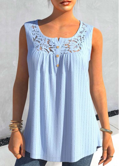 Modlily Light Blue Lace Split Neck Tank Top - S