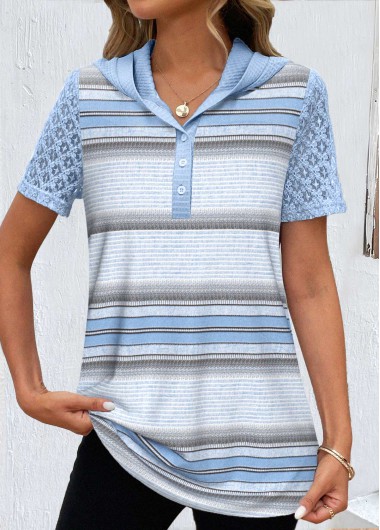 Modlily Light Blue Lace Striped Short Sleeve T Shirt - S