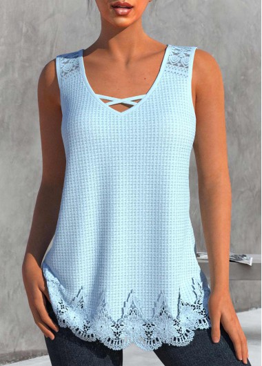 Modlily Light Blue Lace V Neck Tank Top - S